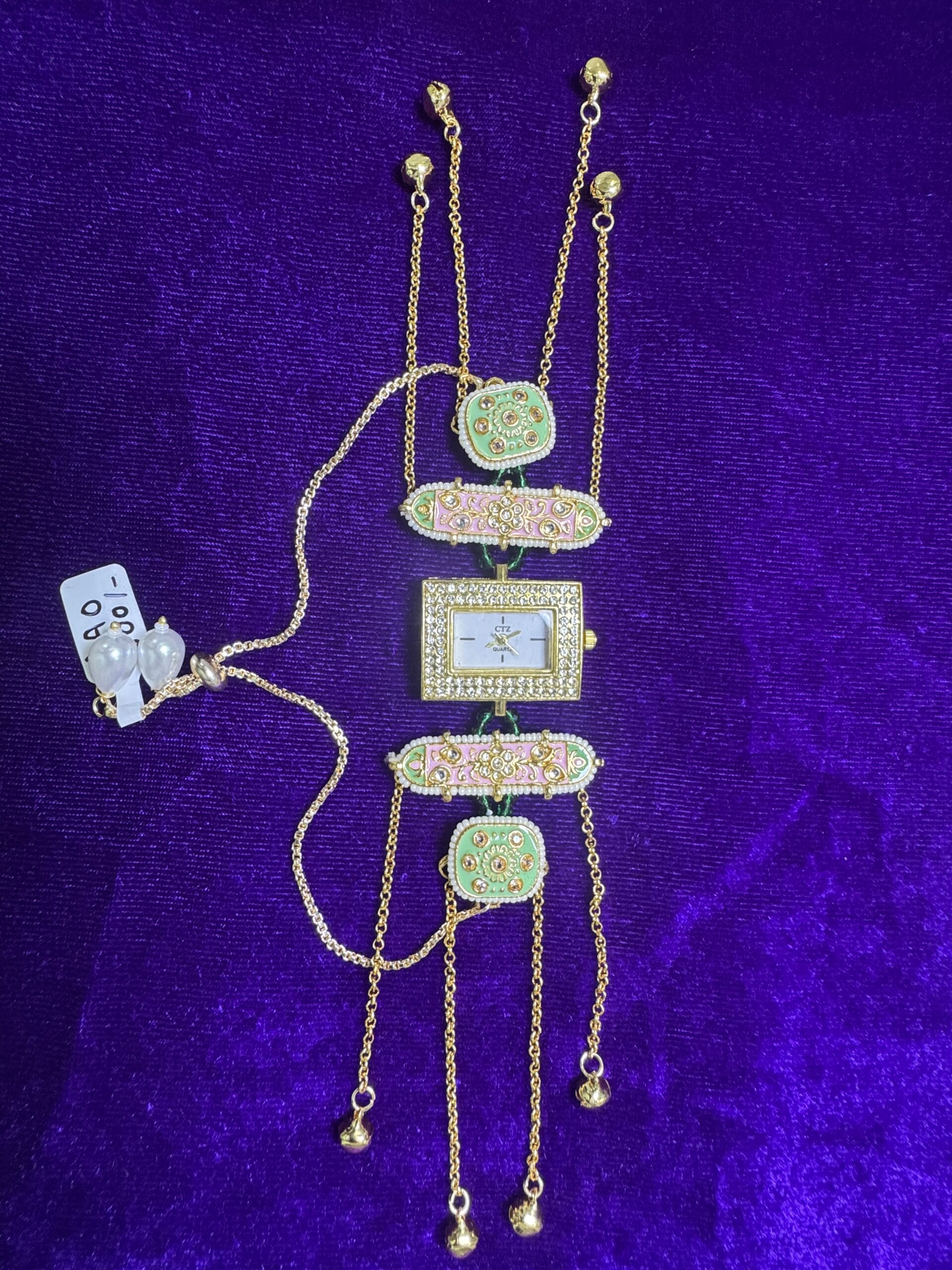 Premium Kashmiri Designer Bracelet Watch Premium Kashmiri Designer Bracelet Watch for Women with Pink Green Meenakari and American Diamonds