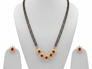 Maharashtrian Floral Pearl Mangalsutra Set with Maroon Crystal and Matching Earrings