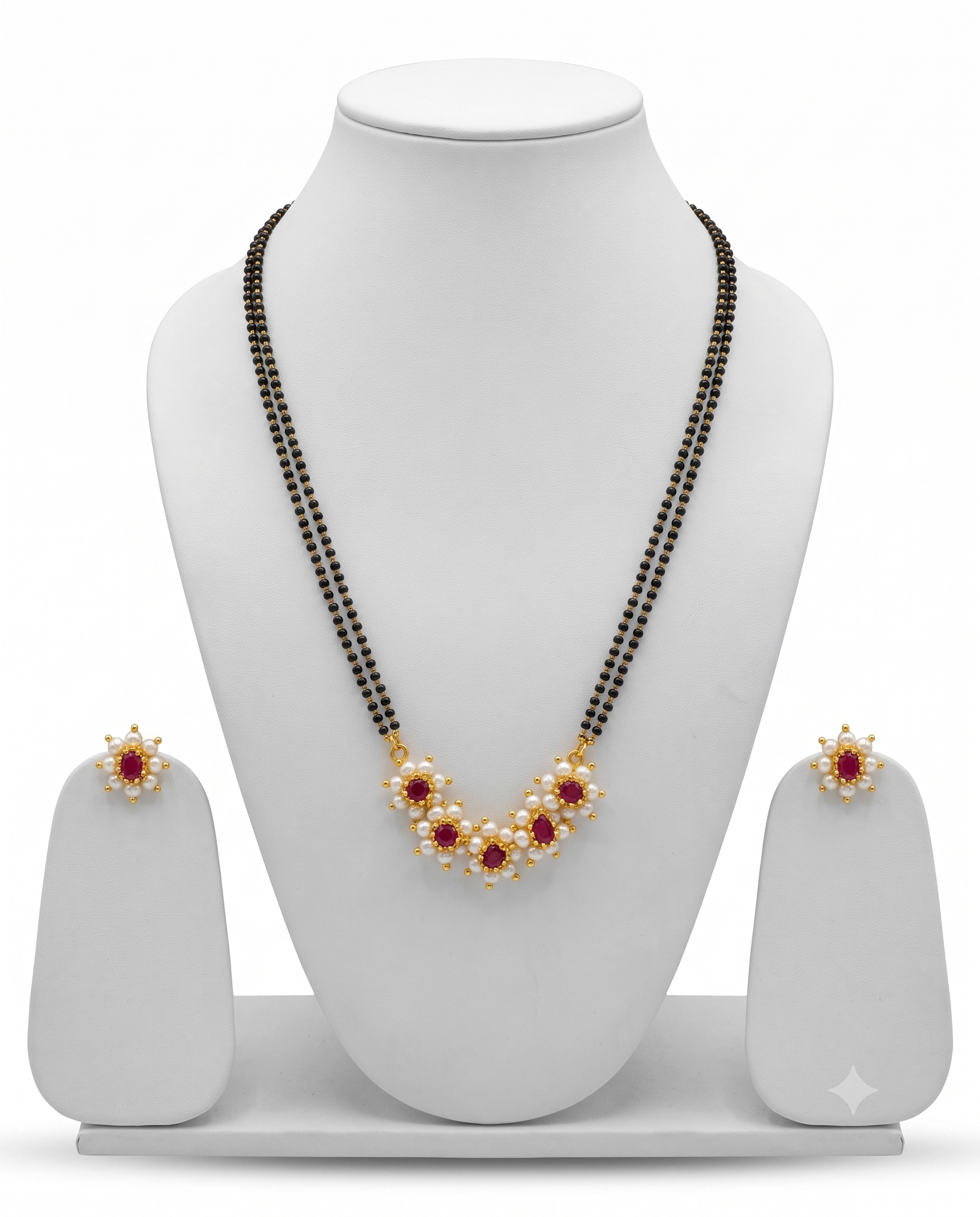 Elegant Floral Pearl Mangalsutra Set with Matching Earrings Maharashtrian Floral Pearl Mangalsutra Set with Maroon Crystal and Matching Earrings