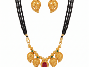 Traditional Maharashtrian Black Crystal Mangalsutra Set with Antique Gold Paisley Pendant and Matching Earrings