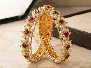 Handmade ruby pearl floral gold finish traditional bangles for women with pearl flower design.