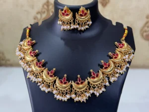 LuxeAlankar Traditional Gold Plated Lotus Chandrakor Necklace Set with Red Green Stones and Matching Earrings