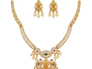 Lakshmi Temple Pendant Necklace Set with American Diamond Stones, Pearl Drops and Matching Earrings by LuxeAlankar