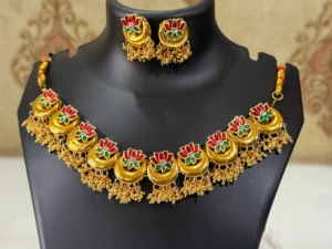 LuxeAlankar Traditional Gold Plated Lotus Chandrakor Necklace Set with Red Green Stones and Matching Earrings