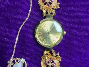 LuxeAlankar Heritage Floral Gold Plated Bracelet Watch with Ruby Stones for Women