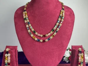 Multicolor Double Layer American Diamond Gold Plated Designer Necklace Set with Matching Earrings by LuxeAlankar