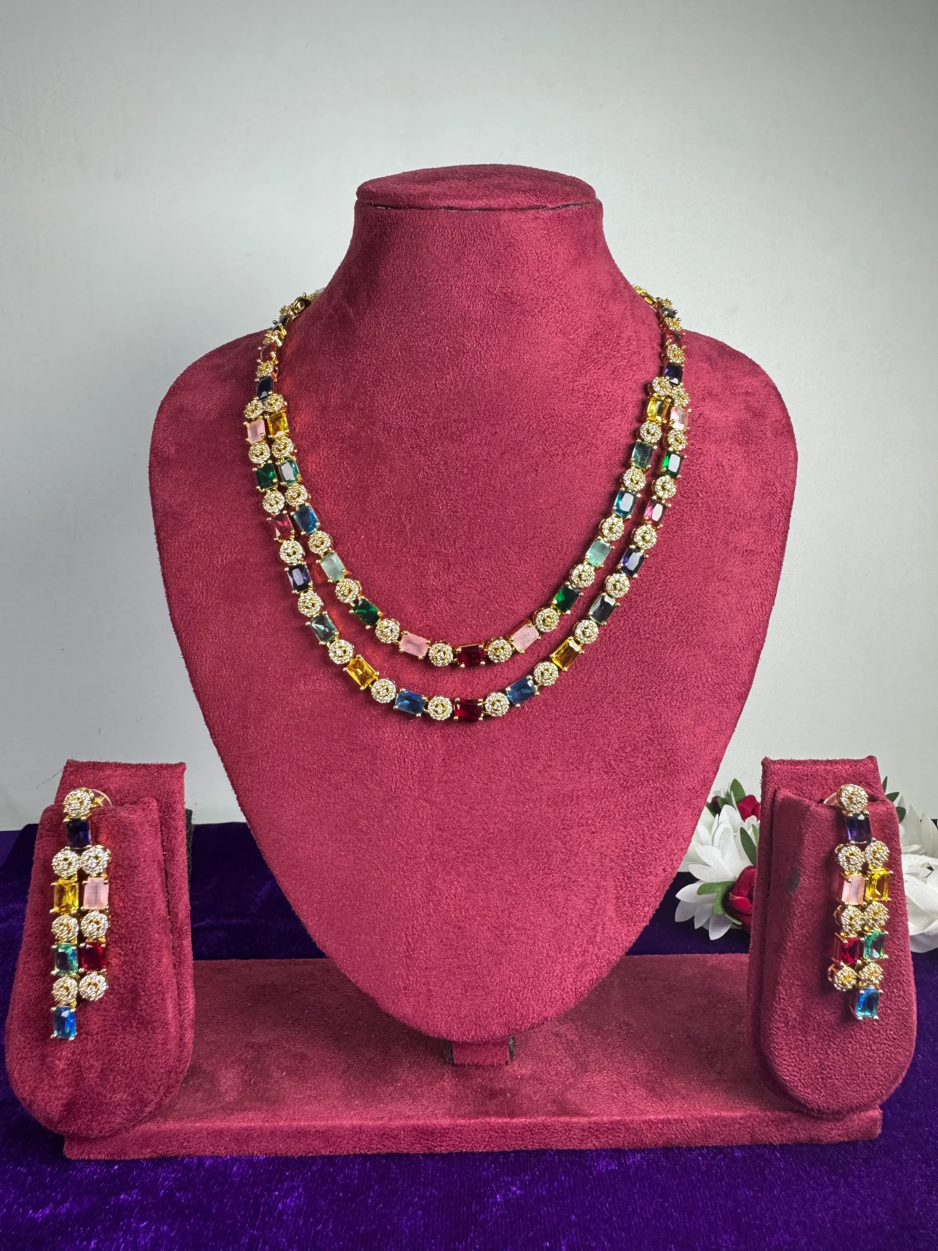 multicolor double layer ad necklace set Multicolor Double Layer American Diamond Gold Plated Designer Necklace Set with Matching Earrings by LuxeAlankar