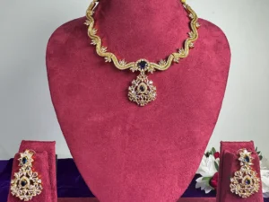 Royal Blue American Diamond Gold Plated Designer Necklace Set with Matching Earrings by LuxeAlankar