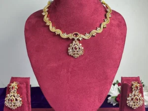 Ruby American Diamond Gold Plated Designer Necklace Set with Matching Earrings by LuxeAlankar