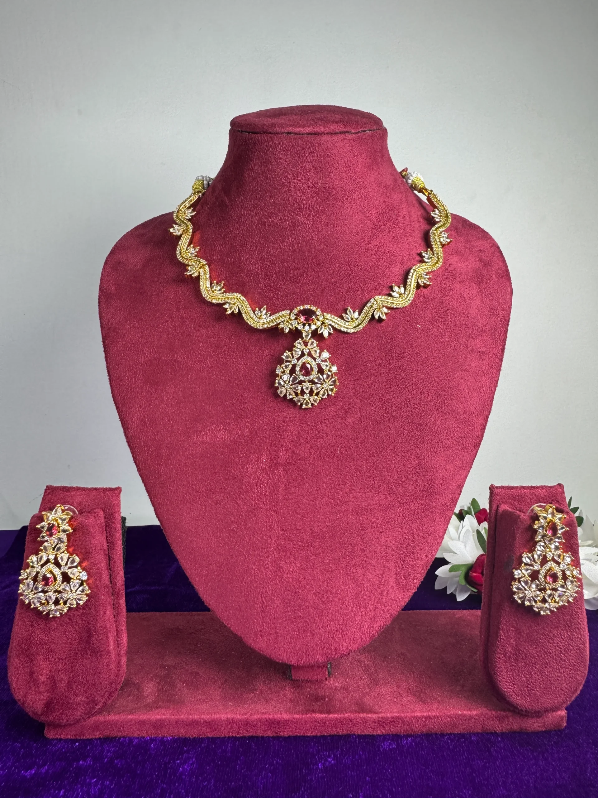 ruby ad necklace set Ruby American Diamond Gold Plated Designer Necklace Set with Matching Earrings by LuxeAlankar