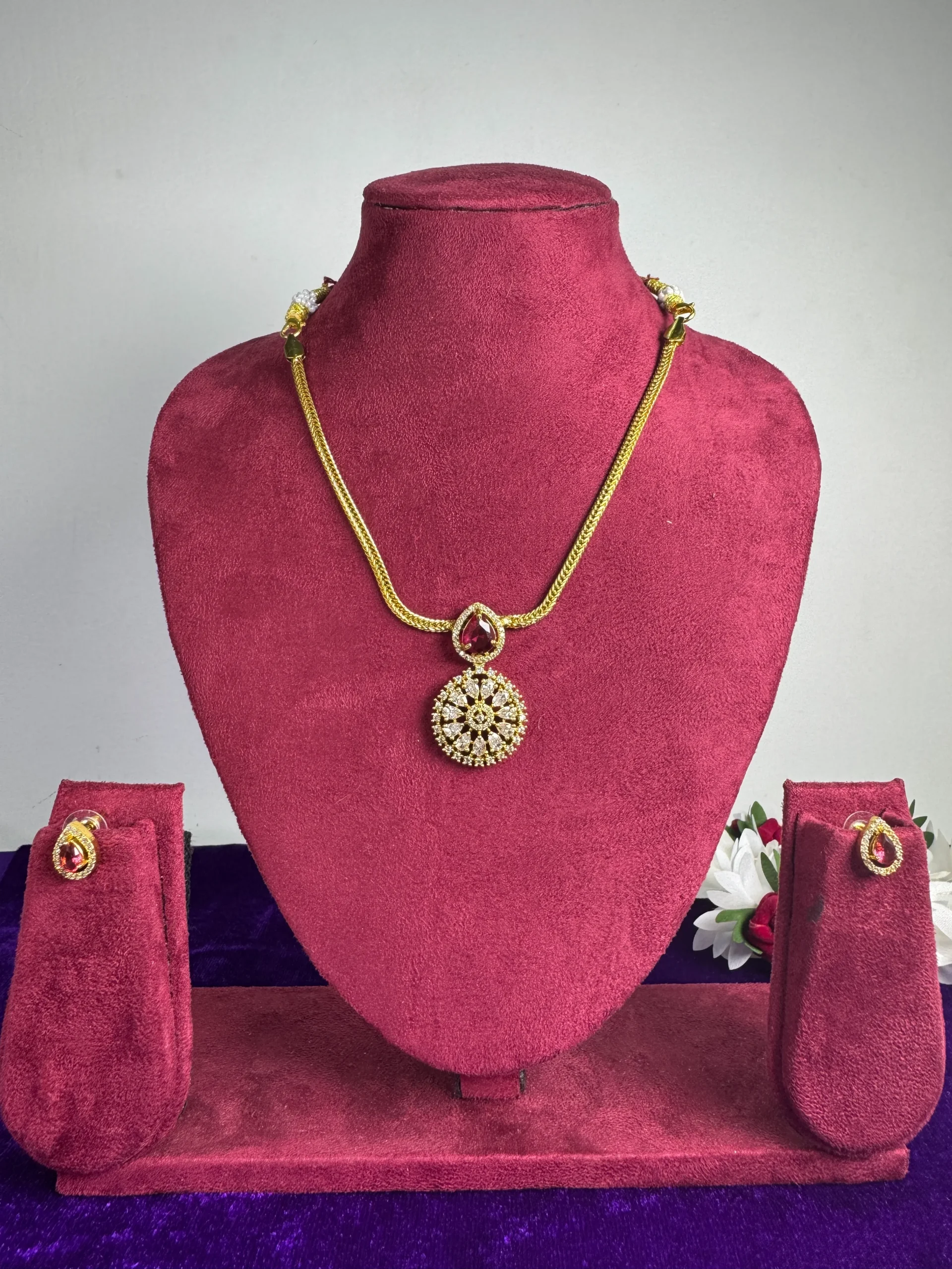ruby ad pendant necklace set with matching earrings1 Ruby AD Pendant Necklace Set with Matching Earrings