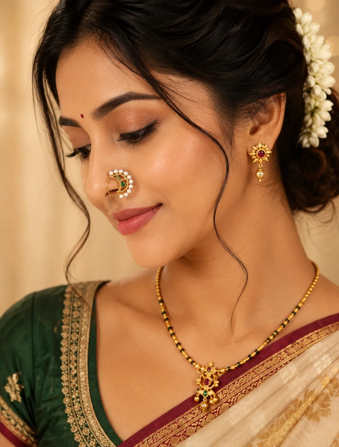 traditional maharashtrian pearl nath with red & green stones1 traditional maharashtrian pearl nath with red & green stones1