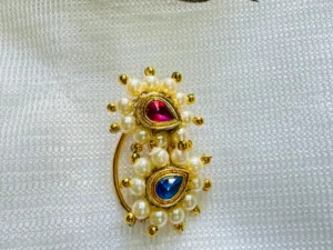 LuxeAlankar Traditional Maharashtrian Pearl Nath with Pink and Blue Stones Gold Plated Nose Ring