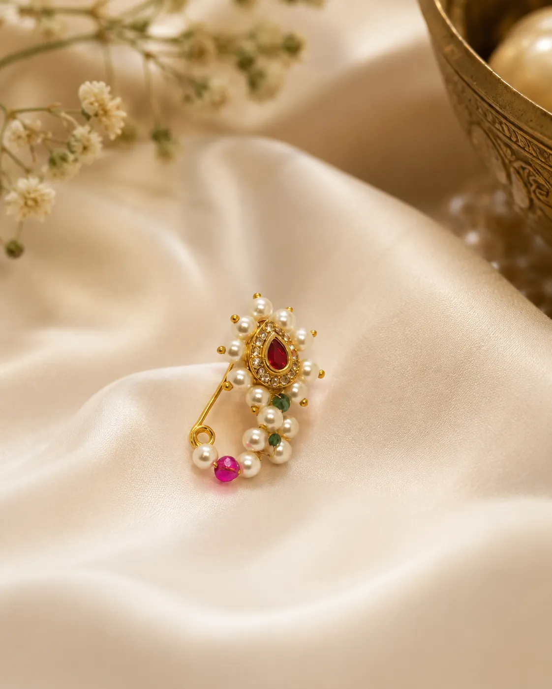 traditional pearl nath with ruby stone Traditional Pearl Nath with Ruby Stone