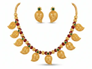 Crystal Mango Maharashtrian Necklace Set with Ruby Red Crystal Beads and Matching Earrings by LuxeAlankar