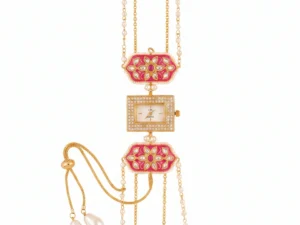 Traditional Pink Meenakari Kashmiri Jewellery Watch with Crystal Square Dial and Adjustable Bracelet by LuxeAlankar
