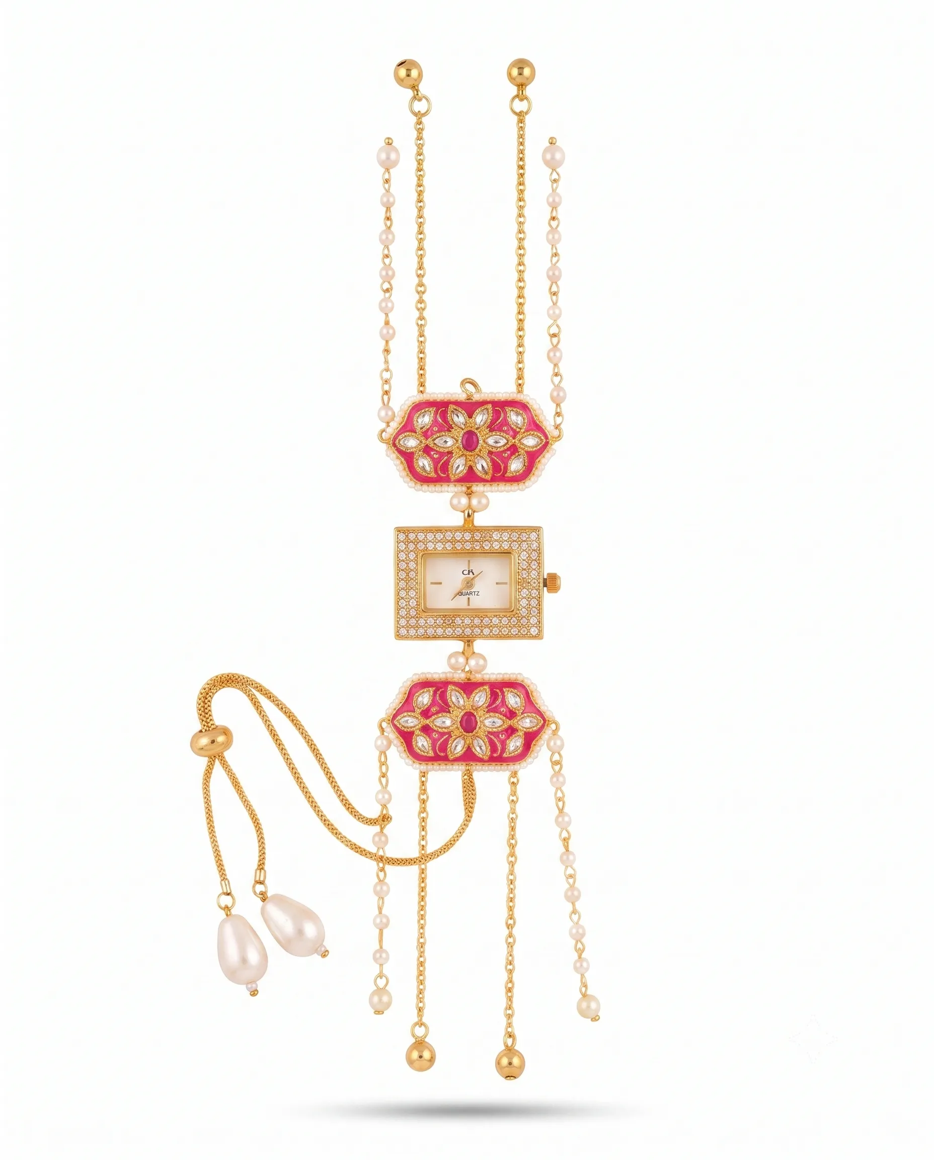 bridal hand watch luxealankar.webp Traditional Pink Meenakari Kashmiri Jewellery Watch with Crystal Square Dial and Adjustable Bracelet by LuxeAlankar