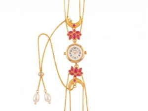 Traditional Pink Lotus Hathphool Watch with Adjustable Bridal Hand Bracelet by LuxeAlankar