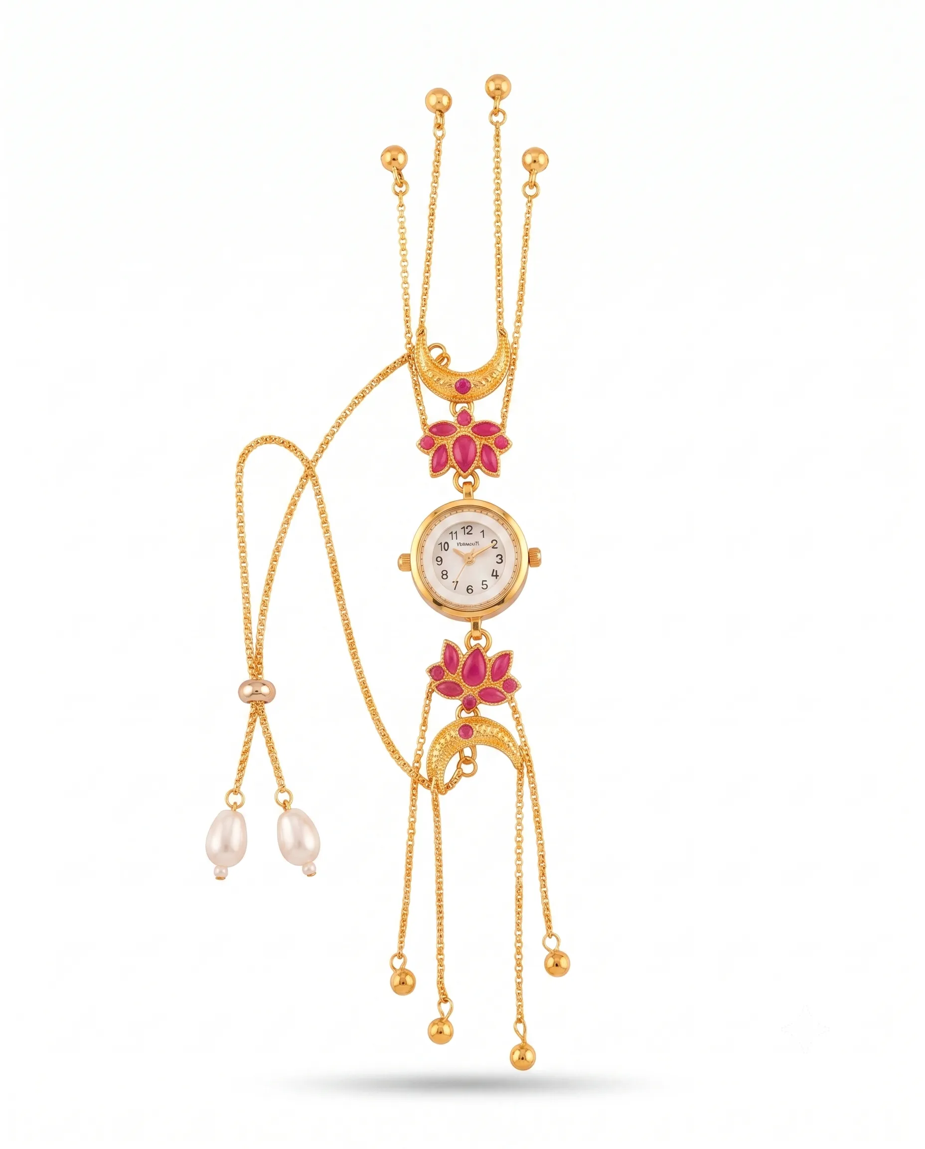pink lotus watch details.webp Traditional Pink Lotus Hathphool Watch with Adjustable Bridal Hand Bracelet by LuxeAlankar