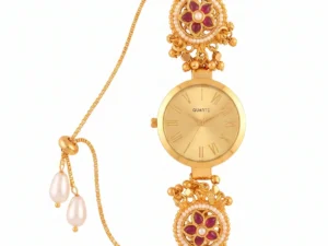 Royal Heritage Floral Gold-Plated Designer Watch for Women with Ruby Stones and Pearl Detailing by LuxeAlankar
