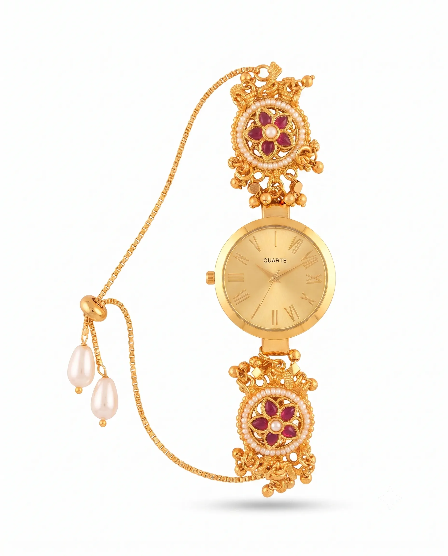 royal heritage floral gold plated designer watch luxealankar2 Royal Heritage Floral Gold-Plated Designer Watch for Women with Ruby Stones and Pearl Detailing by LuxeAlankar