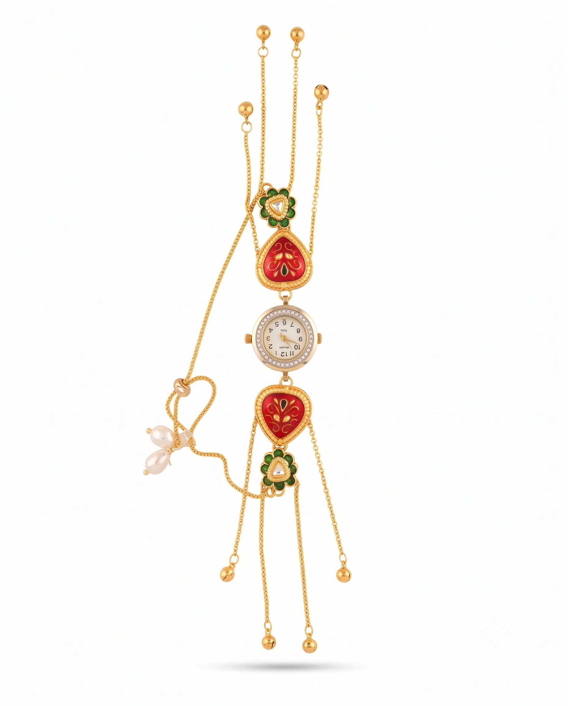 traditional red green kashmiri watch front.webp Traditional Red & Green Meenakari Kashmiri Jewellery Watch with Round Quartz Dial and Adjustable Hand Bracelet by LuxeAlankar