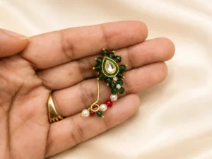 Handcrafted Green Kundan Maharashtrian Nath with Crystal Beads