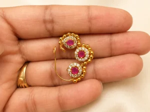 Traditional Maharashtrian Three Stone Ruby Gold Plated Nath with American Diamonds by LuxeAlankar