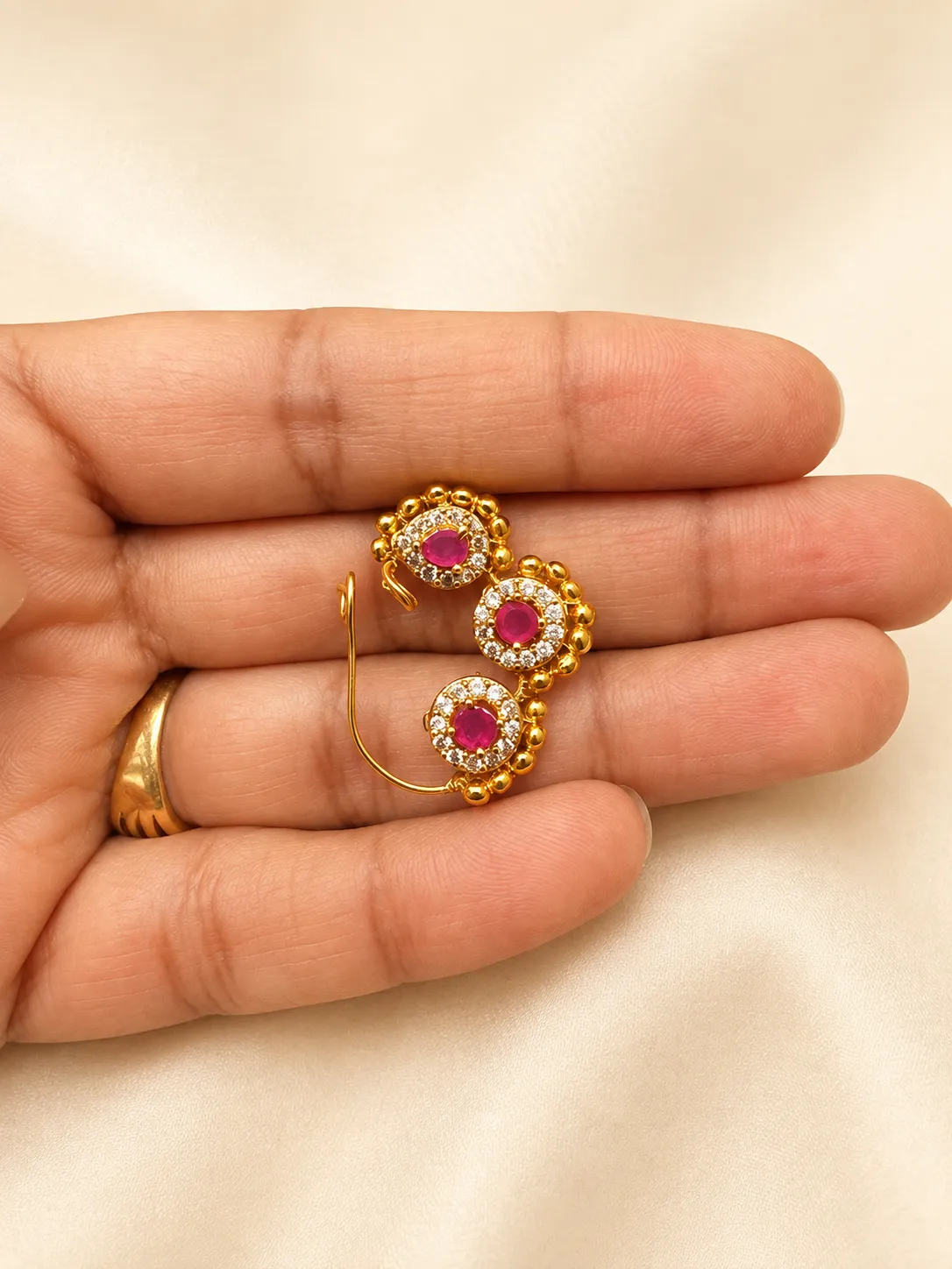 three stone ruby nath bridal nose pin Traditional Maharashtrian Three Stone Ruby Gold Plated Nath with American Diamonds by LuxeAlankar