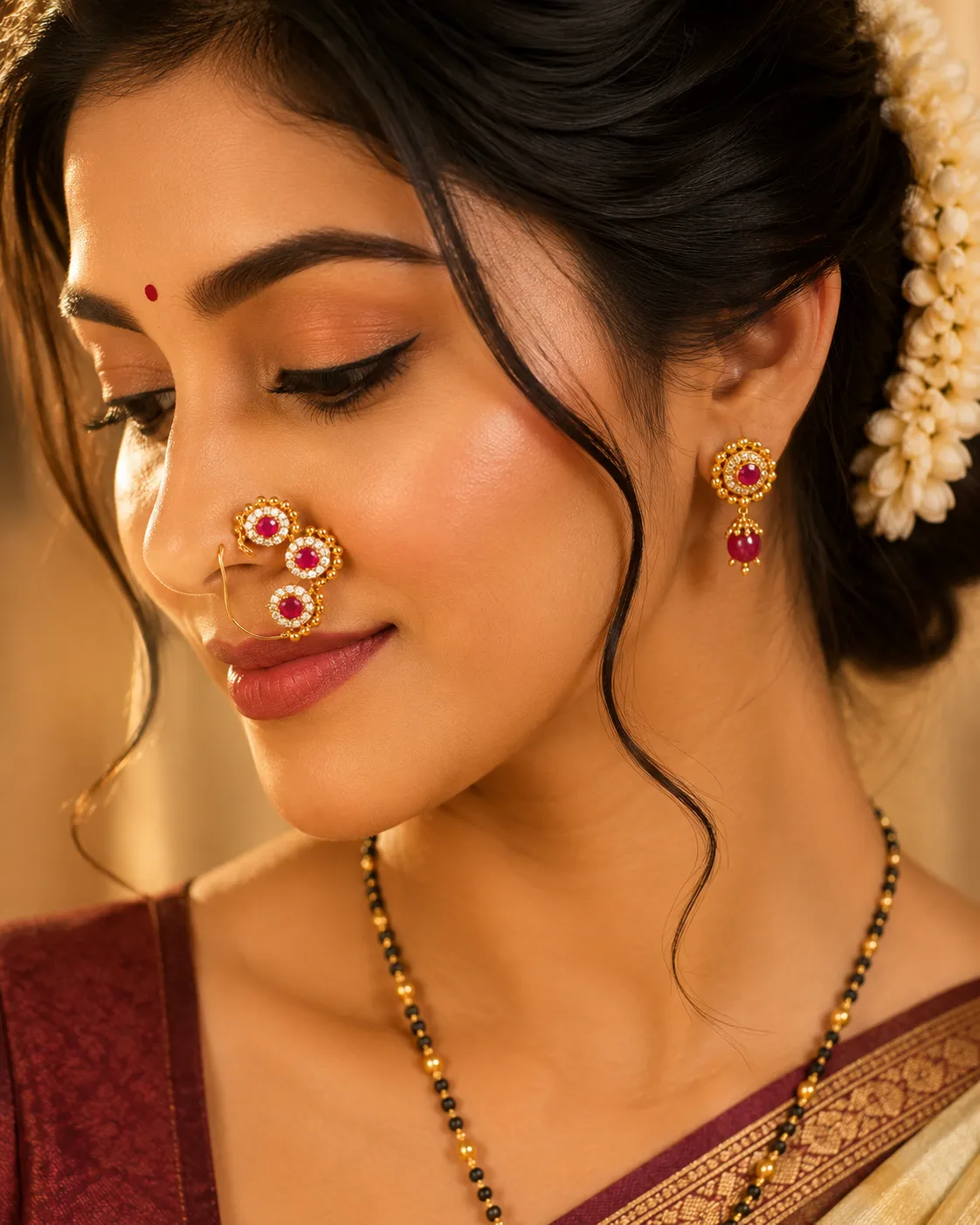 three stone ruby nath bridal nose pin2 three stone ruby nath bridal nose pin2